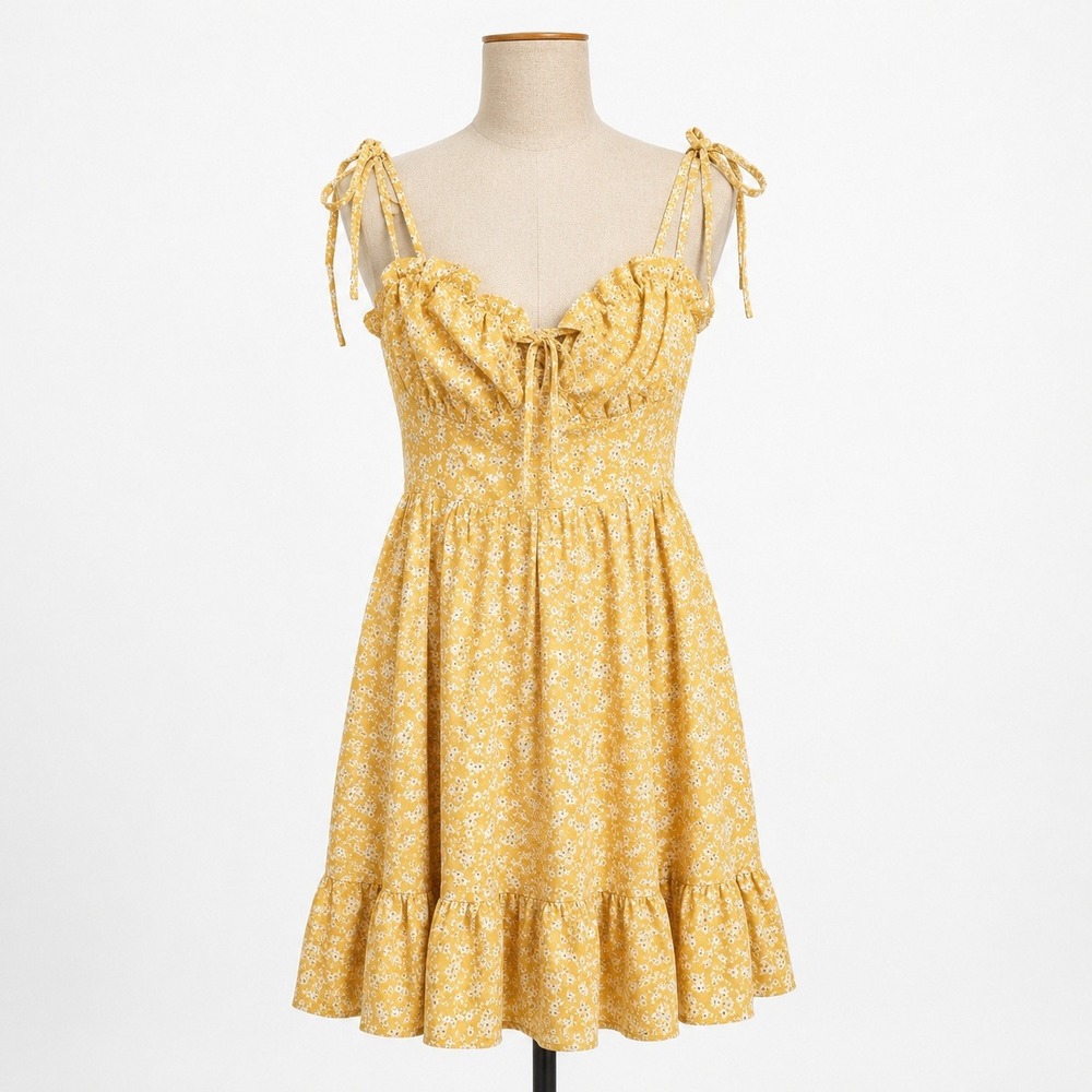 Floral Strappy Babydoll Mini Dress Size XS Yellow Smocked Coquette Cottagecore